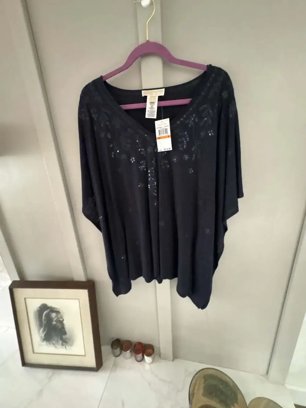 Michael Kors New Navy Embroidered Sequin V-Neck Linen Blend Caftan Top